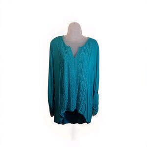 RXB Womens Embroidered XL Blue Roll Tab Sleeve Popover Tunic Blouse Top BOHO